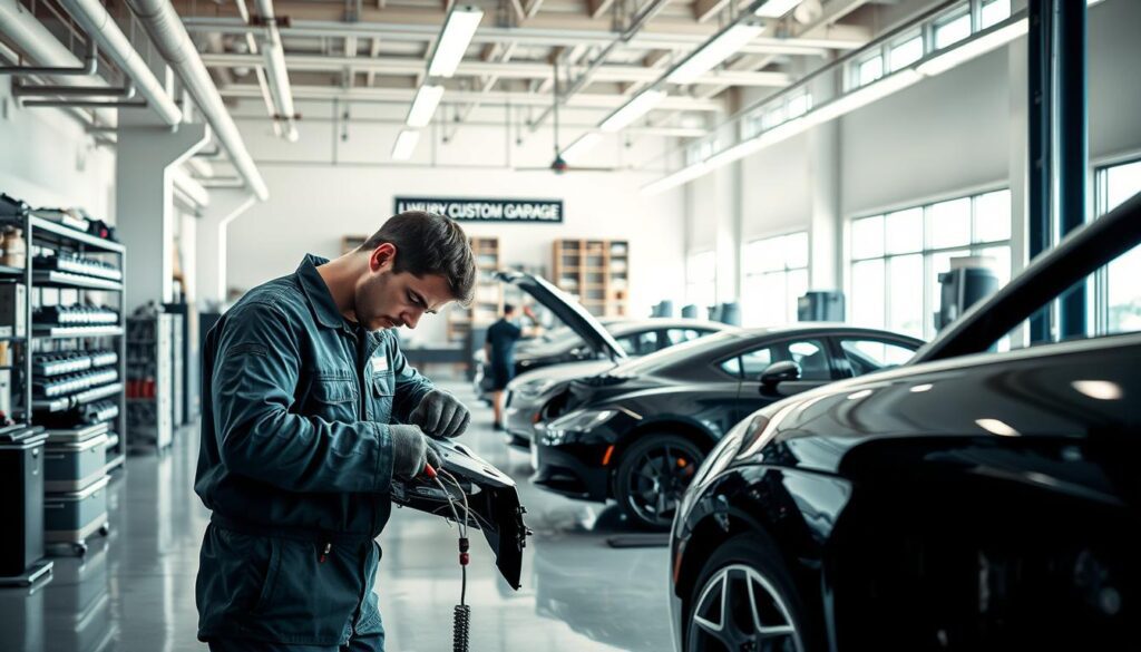 A detailed, photorealistic image of an auto body repair shop in Miami, with a well-lit and organized interior showcasing the "Luxury Custom Garage" brand. In the foreground, a technician in a mechanic's uniform examines a car's damaged fender, using various tools and equipment. In the middle ground, additional vehicles in various stages of repair are visible, with mechanics working diligently. The background features neatly arranged shelves of auto parts, a clean and modern workshop layout, and large windows allowing natural light to flood the space, creating a professional and efficient atmosphere.