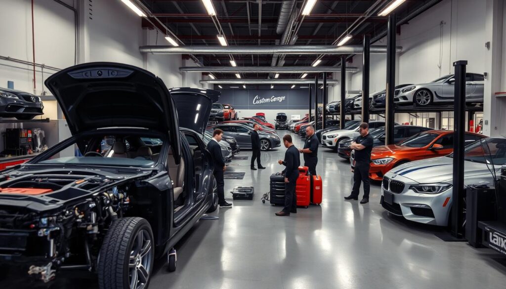 A well-lit, expansive interior of a reputable Miami auto body shop, the "Luxury Custom Garage". The foreground showcases a partially disassembled luxury vehicle, meticulously inspected by a team of skilled technicians. The middle ground displays a selection of auto parts, tools, and diagnostic equipment, conveying the attention to detail and professionalism. In the background, an array of completed vehicles in pristine condition, reflecting the shop's expertise in high-quality repairs. The overall atmosphere exudes a sense of efficiency, attention to detail, and a commitment to delivering exceptional service to Miami's discerning automotive clientele.