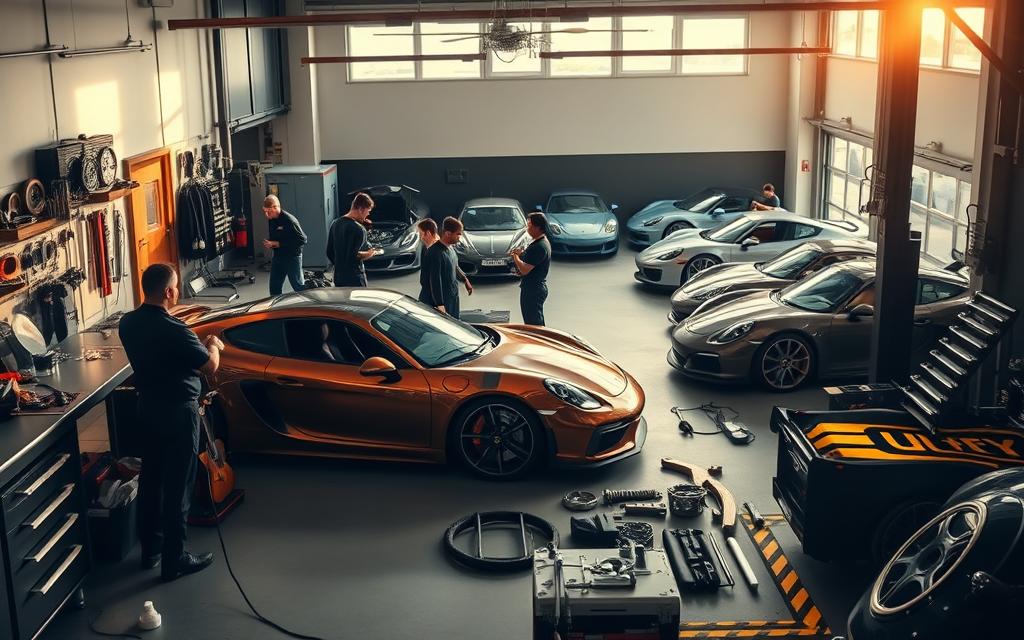 A modern, well-equipped custom garage interior, bathed in warm, natural lighting. In the foreground, a team of skilled technicians meticulously inspect and repair a luxurious sports car. Gleaming tools and state-of-the-art equipment line the walls, reflecting the attention to detail and craftsmanship of the "Luxury Custom Garage" brand. The middle ground showcases various custom parts and accessories, hinting at the personalization options available. In the background, a fleet of unique, high-end vehicles awaits their turn for the garage's specialized services, creating an atmosphere of exclusivity and premium automotive care.