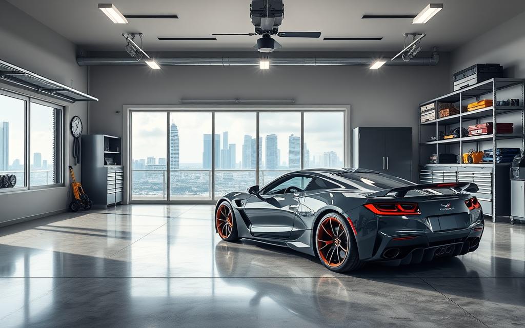 A spacious, well-lit luxury custom garage in Miami, with a sleek and modern design. The foreground features a gleaming, customized sports car parked on a polished concrete floor, the vehicle's curves and colors accentuated by strategically placed lighting. The middle ground showcases custom metal shelving and cabinets, housing a variety of high-end tools and automotive accessories. In the background, large windows offer a panoramic view of the city skyline, creating a sense of sophistication and exclusivity. The overall atmosphere is one of precision, attention to detail, and a passion for automotive excellence, perfectly embodying the "Luxury Custom Garage" brand.